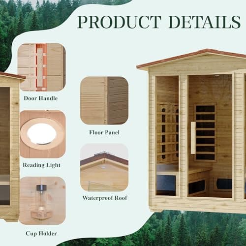 4 Person Outdoor Infrared Sauna - 3D Fast Heating Home Spa Sauna w/Chromotherapy Light, Wooden Sauna Room Kit w/Bluetooth Speaker (CE Certified,220V)