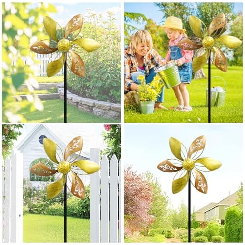 Wind Spinners Outdoor Metal, 10.63" W*37" H Pinwheels for Yard and Garden Decor, Kinetic Wind Sculpture Spinner (Gold Ornate Laser-Cut Floral)