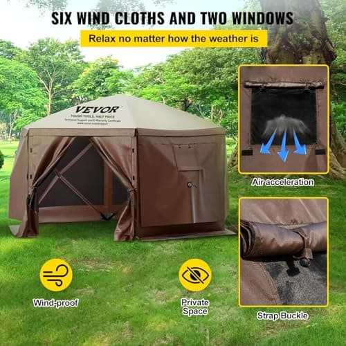 VEVOR Pop Up Gazebo Screen Tent, Pop-Up Instant Gazebo Tent with Mosquito Netting Outdoor Canopy, 6 Sided Sun Shelter 10x10ft with 6 Removable Wind Cloths & 2 Mesh Windows, Pavilion Tent for Patio