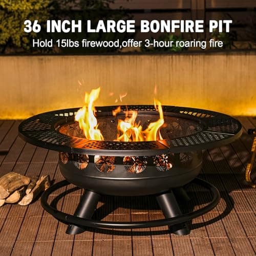 36 Inch Fire Pit with 2 Cooking Grills,Outdoor Wood Burning BBQ Firepit with Lid, 3-in-1 Outdoor Fire Pit for Backyard Deck Bonfire Patio Picnic