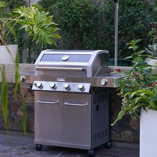 Monument Grills Larger 4-Burner Propane Gas Grills Stainless Steel Cabinet Style with Clearview® Lid, Knob Controls, Built-In Thermometer, Infrared Side Sear Burners & Side Burners