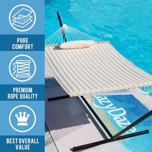 Lazy Daze Hammocks 12 FT Double Quilted Fabric Hammock with Spreader Bars and Detachable Pillow, 2 Person Hammock for Outdoor Patio Backyard Poolside, 450 LBS Weight Capacity, Natural
