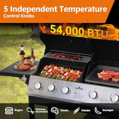 5-Burner Propane Gas Grill,griddle grill combo Double Grills with Storage space,54,000 BTU 627 SQ.IN.Output Stainless Steel Grill for Outdoor Cooking Kitchen, Garden and Patio Backyard Barbecue