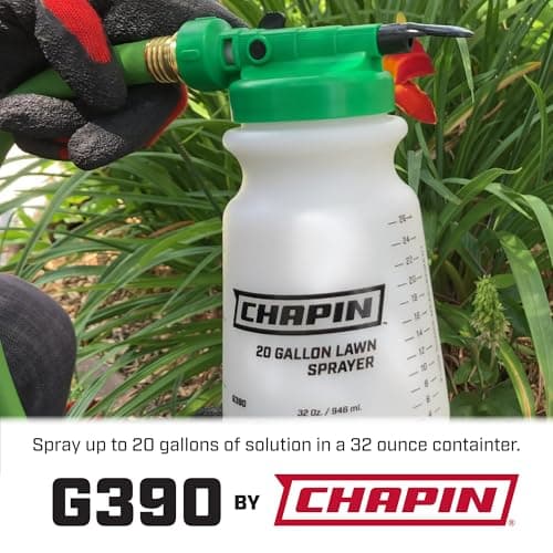 Chapin G390 Hose End Sprayer For Water Soluble Materials, 20 Gallon, 32 Ounce Tank, Finger Control and Backflow Prevention, For Spraying Lawns, Weeds, Insects, Fertilizers, Translucent White