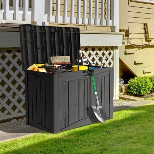 45 Gallon Heavy Duty Outdoor Deck Box with Lockable Lid, All Weather Waterproof Storage for Patio Cushions, Pool Toys, Garden Tools - Rust-Proof Resin Design (Black)