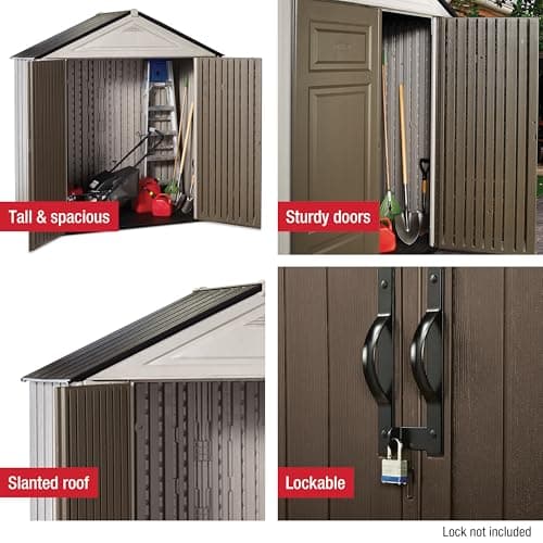 Rubbermaid Resin Outdoor Storage Shed With Floor (7 x 3.5 Ft.), Weather Resistant, Brown/Grey, Organization for Home/Lawn Mower/Backyard Equipment/Bike Storage/Pool Supplies