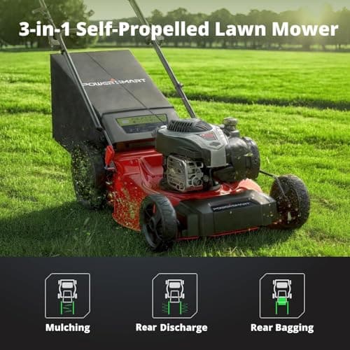 PowerSmart 21-Inch Gas Self-Propelled Lawn Mower, 140cc 4-Stroke B&S Engine, 3-in-1 Function (Mulching, Bagging, Rear Discharge), 6 Height Settings, 10" Rear Wheels, 1.4 Bushel Grass Bag