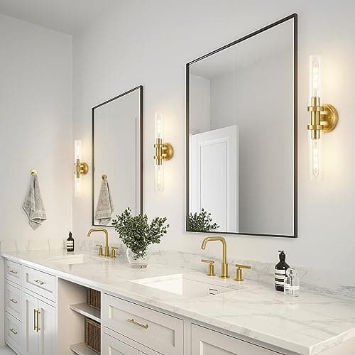 Brushed Gold Bathroom Vanity Light Fixture, 2-Light Modern Wall Sconce Lighting W/Clear Glass, Brass Wall Mount Lamp for Mirror Hallway Kitchen Living Room, E26 T10 Bulbs(Excluded)