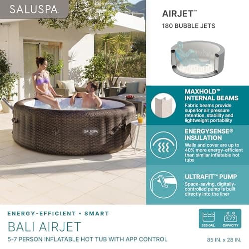 Bestway SaluSpa Bali Smart AirJet Inflatable Hot Tub Round Portable 5-7 Person Spa with 180 AirJets, App Control and EnergySense Cover, Brown Rattan