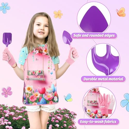 Kids Gardening Tool Set - Garden Tools for Kids with Shovel Trowel Rake Apron Gloves Watering Can and Tote Bag, Outdoor Toys Great Gifts for 3 4 5 6 7 8+ Years Old Girls (Flower Style)