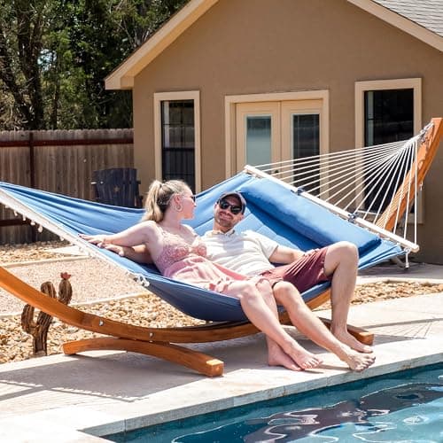 SUNCREAT Hammocks Double Hammock with 13.5 ft Wooden Stand Included, Outdoor Hammocks for Outside, 475 lbs Capacity, Blue