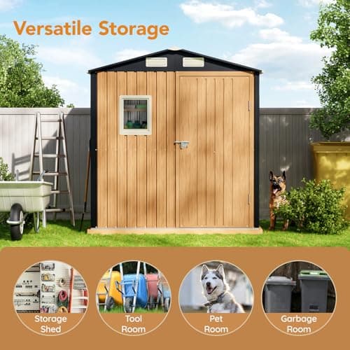 6X4FT Garden Storage Shed with Lockable Door,Steel Tool Shed with 1 Clear Window, Anti-Corrosion Metal Shed for Backyard Patio Lawn (Light Wood Grain)