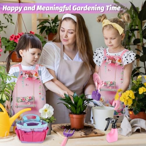 Kids Gardening Tool Set - Garden Tools for Kids with Shovel Trowel Rake Apron Gloves Watering Can and Tote Bag, Outdoor Toys Great Gifts for 3 4 5 6 7 8+ Years Old Girls (Flower Style)