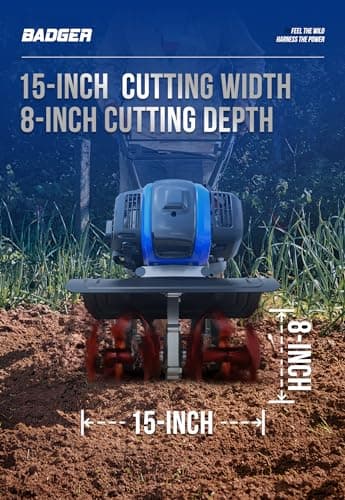 Garden Tiller 53cc Mini Cultivator 15 inch Powerful Liftable Booster Rod Tilling Tool for Lawn, Garden and Field Soil Cultivation
