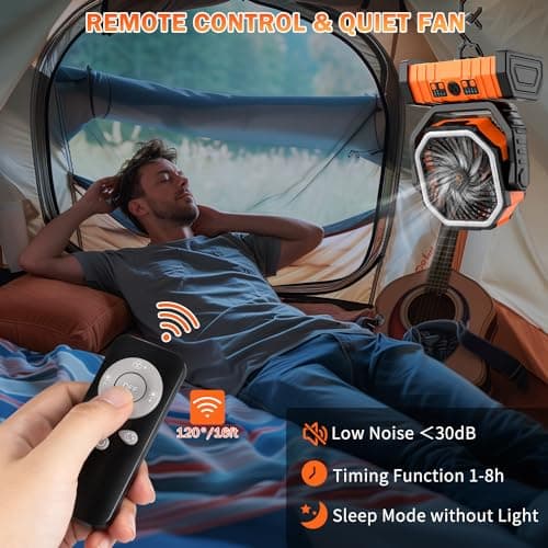 Camping Fan Rechargeable, 20000mAh Large Battery Powered Fan, 4Speed Rechargeable Fan Portable with Remote, Battery Operated Fans with LED Light and Hanging Hook, Cordless Fans for Tent Picnic Outdoor
