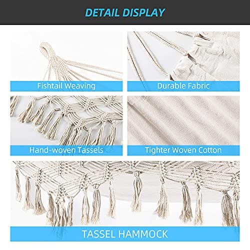 Indoor Hammock with Macrame Fringe for 2 Persons,Double Boho Hammocks with Tassels,Portable Cotton Rope Hamaca Swing with Travel Bag for Outside,Porch,Garden,Patio,Backyard,Up to 500lbs White