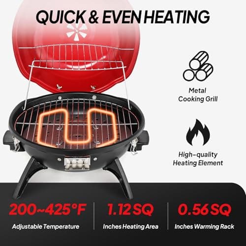 ROVSUN Tabletop Electric Grill with Temperature Control, Double Layer Design, 304 stainless, Portable Removable -Perfect Small Stove for Indoor and Outdoor BBQ, 1600W, Red