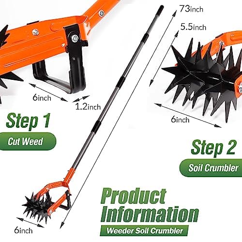 Walensee Rotary Cultivator Tool, Adjustable Garden Hand Tiller with Stainless Steel Pole, 2-in-1 Garden Weeder and Crumbler Soil Cultivator Tool with Weeding Knife for Soil Mixing or Reseeding Grass