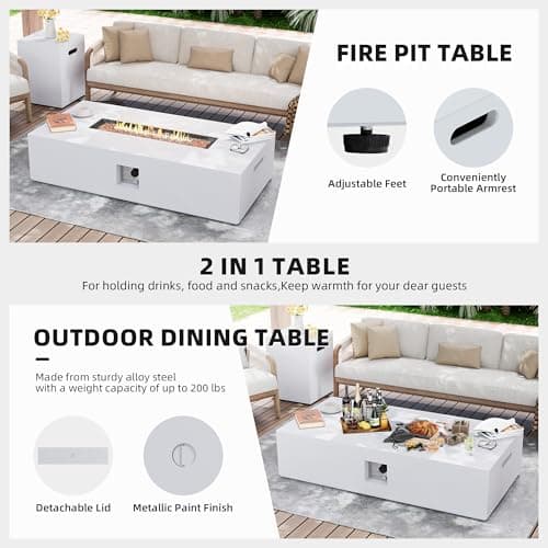 UPHA 56 inch Outdoor Gas Rectangle Fire Pit Table 50000 BTU Propane Iron Firepit for Outside Patio with Tank Cover, Removable Lid, Gold Reflective Glass, Lava Rocks, Rain Cover, White