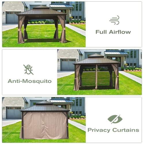 Domi 12' x 14' Hardtop Gazebo Permanent Metal Gazebo with Galvanized Steel Double Roof, Curtains and Netting for Party, Wedding, Outdoor Dining, Patio, Backyard, Brown