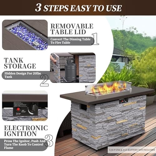 43" Propane Fire Pit Table Outdoor Rectangular Stone Firepit Table 50000 Btu Propane Fire Tables for Outside Patio with Glass Wind Guard, Lid, Fire Glass Beads, Pizzello Caldo (Gray Stone)