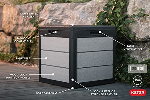 Keter Denali 30 Gallon Resin Outdoor Storage Box and Patio Storage Box Side Table for Pool and Garden Accessories, Grey & Black