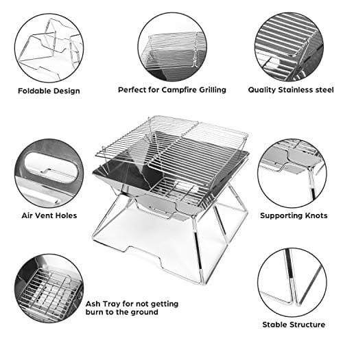 Odoland Folding Campfire Grill, 304 Stainless Steel Grate Barbeque Grill, Portable Camping Grill with Legs for Picnics, Backpacking, Outdoor with Carrying Bag and Kitchen Tongs