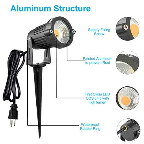 Landscape Outdoor,IP65 Waterproof Garden Spotlights,5W AC 120V Yard Flood Light,Metal Ground Stake Lawn,3200K LED Spotlight with 1.5M UL-Listed Cord and 3-Plug (2 Packs)