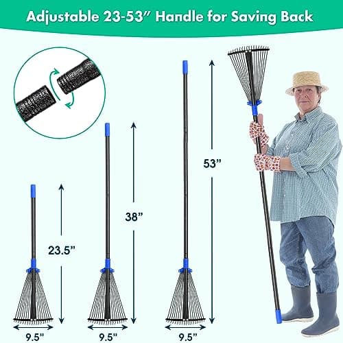 Garden Rake, Leaf Rake with Expandable Head from 9.5 inch to 17 inch, Collapsible Lawn Rakes with 53 Inch Adjustable Handle, Heavy Duty Metal Rakes for Lawn Yard, Flower Beds