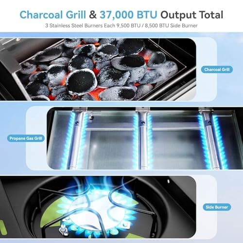 3 Burner Propane Gas and Charcoal Grill Combo with Side Burner & Porcelain-Enameled Cast Iron Grates, 37,000 BTUs 685 SQIN Dual Fuel Outdoor BBQ Grill for Patio Garden Picnic Backyard Barbecue Cooking