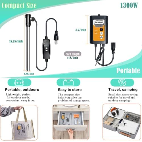 1300W Portable Submersible Titanium Water Heater with Gfci Plug, Immersion Water Heater with Thermostat for Bathtub, Bucket, Spa, Min Pool, Small Inflatable Hot Tub Water Heaters Parts