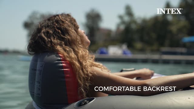 INTEX 58825EP River Run 1 Inflatable Floating Lounge: Comfortable Backrest – Built-in Cup Holders – Durable Grab Handles – All Around Grab Rope – 220lb Weight Capacity– Blue