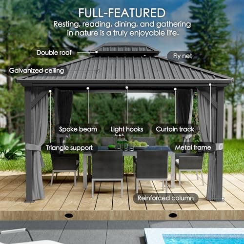 Kozyard Caesar 10'x12' Hardtop Gazebo - Permanent Metal Pavilion with Netting Shaded Curtains for Patio, Backyard, and Deck - Galvanized Steel Outdoor Aluminum Canopy, Double Roof Gazebo (Grey)