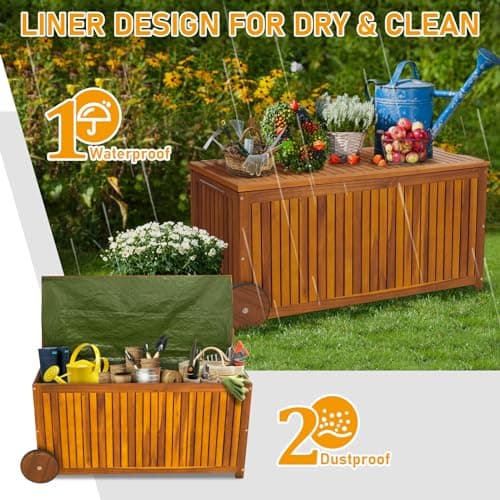 VINGLI 57 Gallon Wooden Outdoor Storage Box, Acacia Patio Storage Deck Box with Wheels, Outdoor Storage Bin Design with Water-Resistant Inner Bag, Garden Organizer Box for Indoors & Outdoors