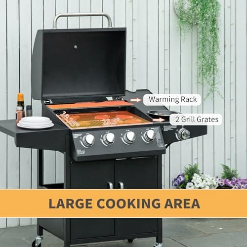 Outsunny 4 Burner Propane Gas Grill, 50,000 BTU Steel Outdoor Barbeque/Barbecue with Side Burner, Wheels, Warming Rack, Shelf, Cabinet, Thermometer, Black