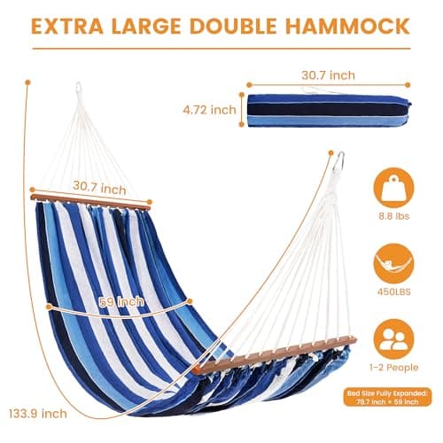 Lazy Daze Hammocks Cotton Fabric Spreader Bar Hammock, Outdoor Portable Hammock with Carrying Bag & Tree Straps for Bedroom, Patio, Backyard, Balcony, Max 450lbs Capacity, Blue