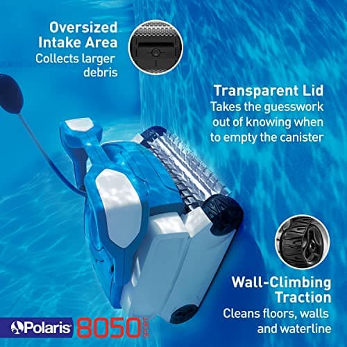 Polaris 8050 Sport Robotic Pool Cleaner, Automatic Vacuum for InGround Pools up to 40ft, Wall Climbing Vac w/ Strong Suction & Easy Access Transparent Lid