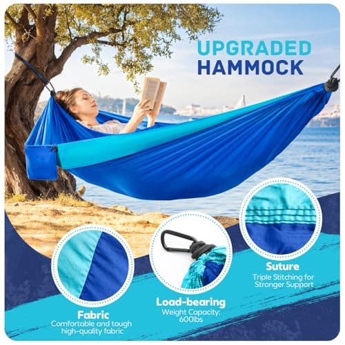 Camping Hammock Lightweight, Portable Hammocks Parachute Hammock with Two Tree Straps, Single or Double Travel Swing Nylon Camp Hammocks, Outdoor Essentials for Beach Backpacking Hiking, Blue