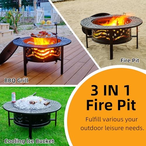 PrimeZone 42" Outdoor Fire Pit with 2 Grills - Wood Burning Firepit for Outside with Cover & Poker, Heavy Duty Metal Fire Pit Large Round Fireplace for Patio, Backyard, Picnic, Camping, Bonfire