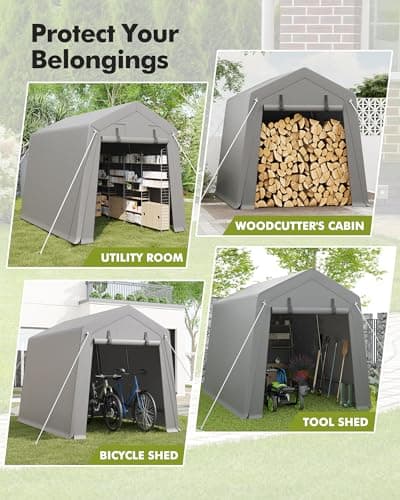 7 x 10 ft Carport Storage Shed, Portable Garage with Roll-up Zipper Door, Heavy Duty Waterproof Tarp, Storage for Motorcycle, Bike, Firewood, Garden Tools