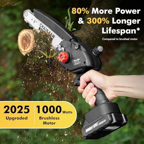Seesii Mini Chainsaw 8 inch DL07, Electric Chainsaw Cordless, Upgraded Brushless Chain saw with Auto Oiler, 2pcs 2000mAh Batteries, Battery Powered Saws Handheld Chain Saw for Tree Branch Wood Cutting