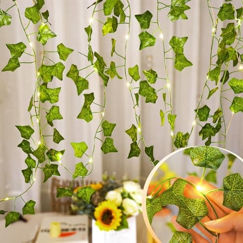 KASZOO 33ft 100 LED Vine with Fairy Lights with Remote, Fake Vines String Lights Battery/USB Operated, Ivy Garland, Leaf Lights for Bedroom Garden Party Wall Room Decor