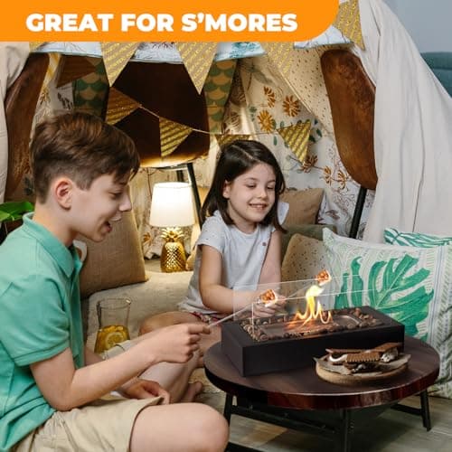 Safer Burning Rectangle Tabletop Fire Pit, Smores Maker Kit, Portable Indoor/Outdoor Table Top Firepit,Table Fireplace with Cobblestones - Gift for Home Decor & Balcony Parties, Housewarming Gift