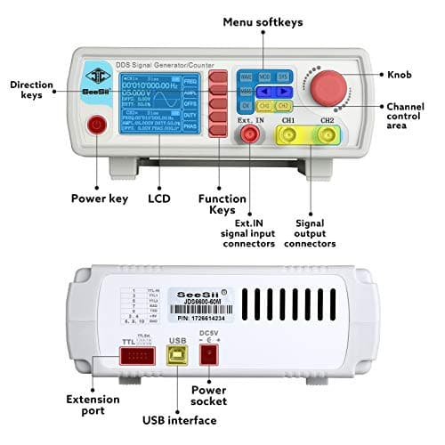 Professional Upgraded DDS Signal Generator Counter, Seesii 60MHz LCD Display High Precision 200MSa/s Dual-Channel Arbitray Waveform Function Generator Frequency Meter
