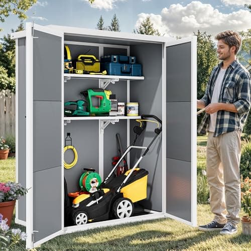 DWVO Outdoor Vertical Storage Shed with 2 Shelves, 49 Cu Ft Waterproof Resin Garden Shed with Floor & Lockable Door, Plastic Tall Tool Cabinet for Garbage Cans, Lawn Equipment, Garden Supplies (Gray)