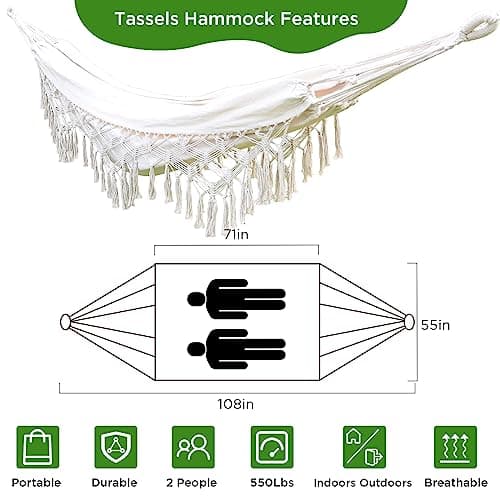Boho Hammock Macrame Hammock with Elegant Tassels for Patio, Yard, Beach Wedding Decor, Outdoor and Indoor, Gift for studens, Gifts for Girl,. Gift for Women
