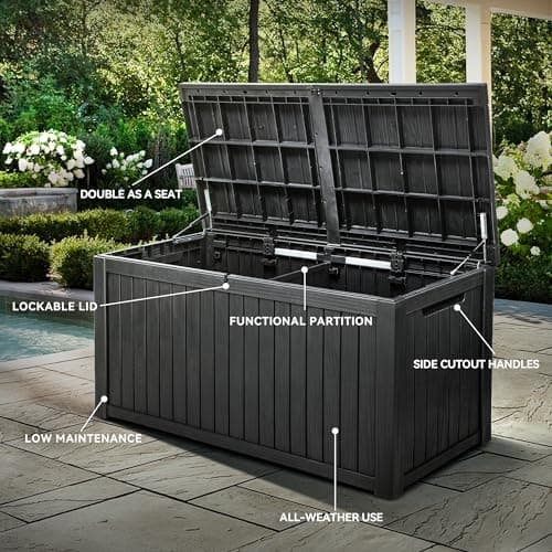 YITAHOME 180 Gallon XL Deck Box Large Outdoor Storage w/Divider for Patio Furniture,Outdoor Cushions, Garden Tools, Sports Equipment and Pool Supplies, Waterproof, Resin, Lockable, Black