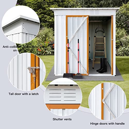 5x4 FT Metal Outdoor Storage Shed,Anti-Corrosion Utility Tool House with Lockable Door & Vents,Waterproof Storage Garden Shed for Backyard Patio Lawn,Easy to Assemble,White+Yellow