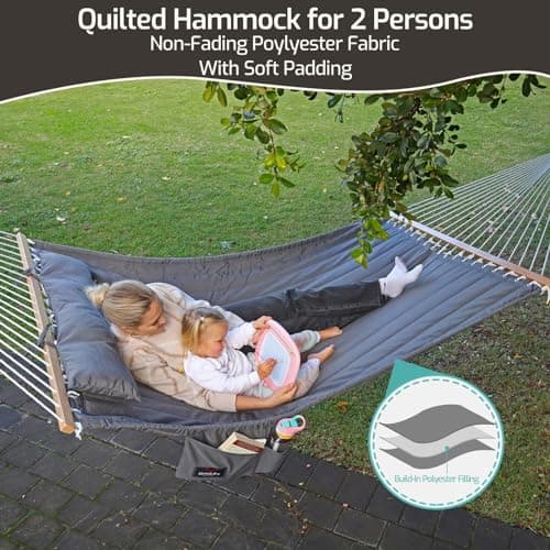 Double Quilted Fabric Hammock with Hardwood Spreader Bars and Pillow 450 LBS Capacity 2 Person Hammock Large Hammock for Outdoor Patio Backyard Poolside - Green