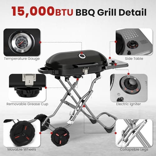 COWSAR Portable Propane Gas Grill 15,000 BTUS,BBQ Gas Grill with 348 SQ Inch Large Cooking Areas, Quick-Fold Legs & Wheels, Portable & Foldable BBQ Grill for Camping/Tailgating/Picnic, Black